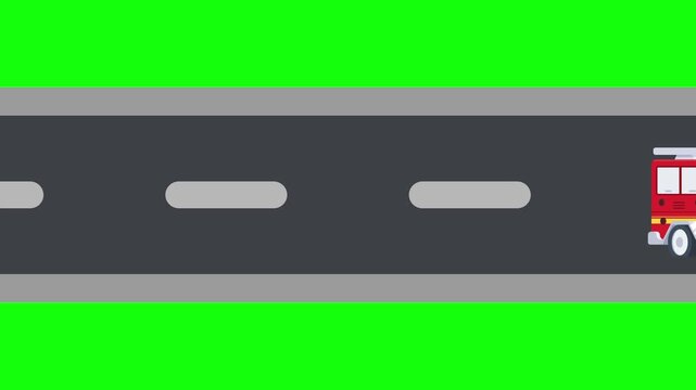 Red fire truck driving on road with flashing lights animation isolated on green screen background 4K