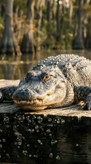 Fototapeta premium Large American alligator resting on wooden dock in swamp wetland habitat with cypress trees reflecting in calm water during golden hour sunlight.