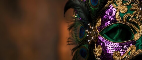 Fototapeta premium Ornate Mardi Gras carnival mask with peacock feathers, gold filigree details and purple sequins against warm bokeh background for festive celebrations.