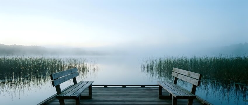 Wooden dock with benches extending into misty lake surrounded by tall reeds at dawn, creating peaceful waterfront scene for relaxation and nature meditation.