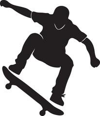 Obraz premium Black silhouette of a skateboarder performing an ollie or jump trick in mid-air, showcasing dynamic action and movement against a white background.