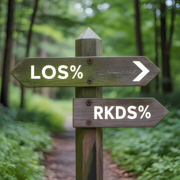 A weathered wooden signpost in a lush forest points towards los and rkds indicating trail directions