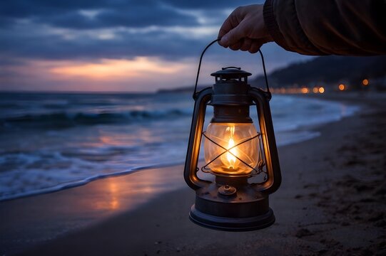 Mano sujetando un farolillo o quinqu&eacute; en una playa al anochecer.