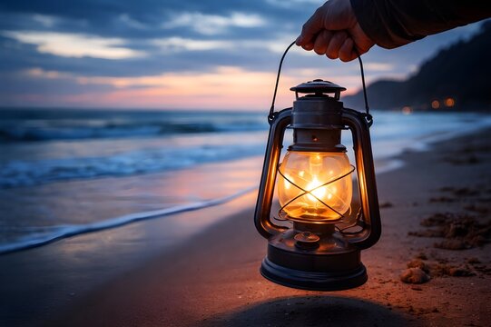 Mano sujetando un farolillo o quinqu&eacute; en una playa al anochecer.