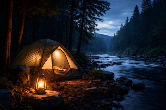 Tienda de acampada al pie del R&iacute;o al anochecer con luz de farolillo