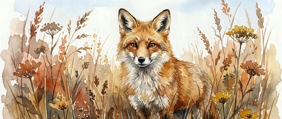 Obraz premium Red fox sitting in autumn meadow with golden grass and wildflowers. Watercolor wildlife illustration for nature designs, educational materials, prints.