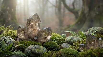 Obraz premium Mystical forest scene with crystal quartz cluster on moss-covered rocks surrounded by ferns and magical sunlight filtering through misty woodland atmosphere.