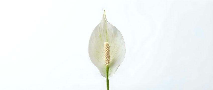 White peace lily flower with yellow spadix isolated on clean background for botanical design and home decor projects.