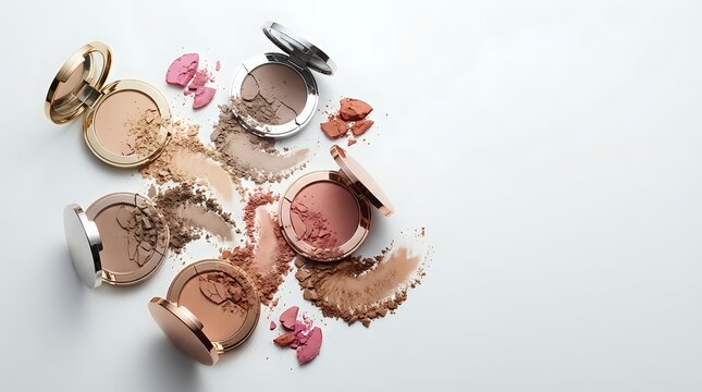 Broken makeup powder compacts and eyeshadows scattered on white background showing crushed cosmetic products in neutral tones for beauty concepts.