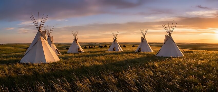 Traditional Native American teepees on prairie grassland during golden hour sunset with dramatic sky and natural landscape for cultural heritage concepts.