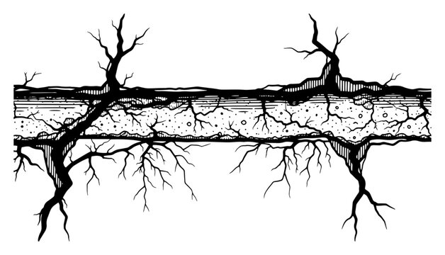 Detailed cross section of ground with tree roots and dry branches in engraving style