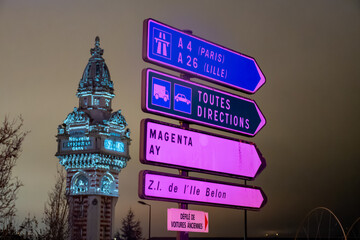 Obraz premium Road signes, driving directions on roundabout, street, highway, travel destination in Champagne, touristic route, France