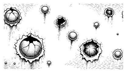Hand drawn engraving style sketch of cracked round stones creating impact craters on a surface © Logan