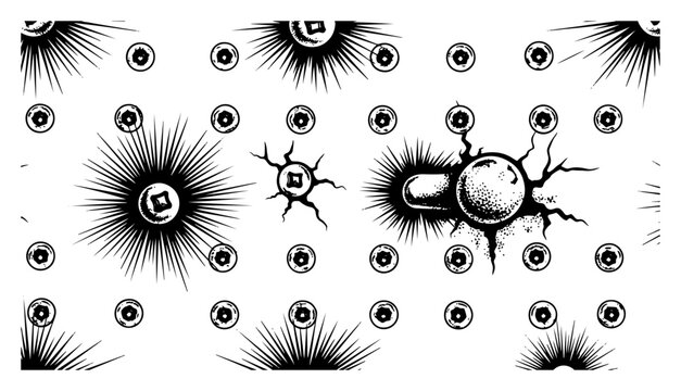 Hand drawn vintage industrial rivet heads and metal screws with sunburst rays and cracks