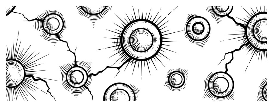 Vintage engraving style industrial studs and rivets with radial rays and cracked surface textures