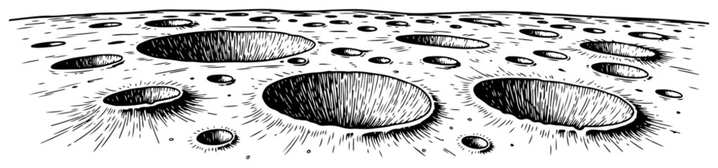 Vintage hand drawn landscape of lunar surface with craters and horizon © Logan