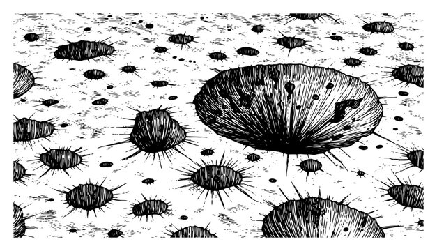 Hand drawn vintage engraving of moon surface with deep impact craters