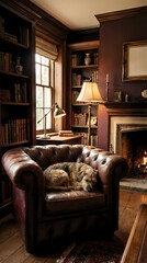 Naklejka premium Cozy home library with leather armchair, sleeping dog, fireplace, wooden bookshelves, warm lighting creating comfortable reading atmosphere for relaxation.