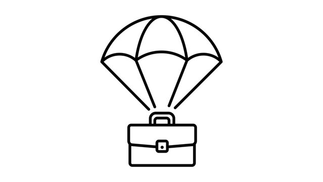 Minimalist black line vector icon of a briefcase attached to a parachute, symbolizing a golden parachute, corporate exit strategy, business severance package, and financial safety net.