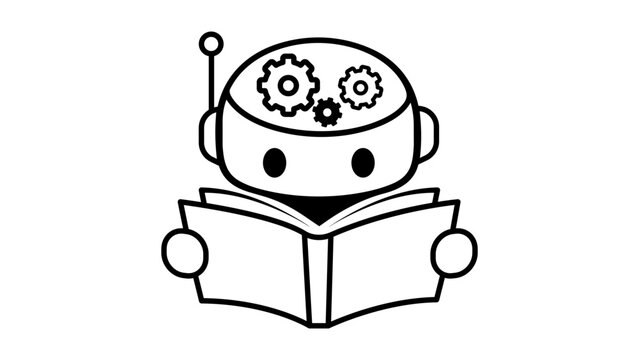 Machine Learning and Artificial Intelligence Vector Icon: A Minimalist Black Line Illustration of a Cute Robot Reading a Book with Gears in its Head, Representing Deep Learning and Education.