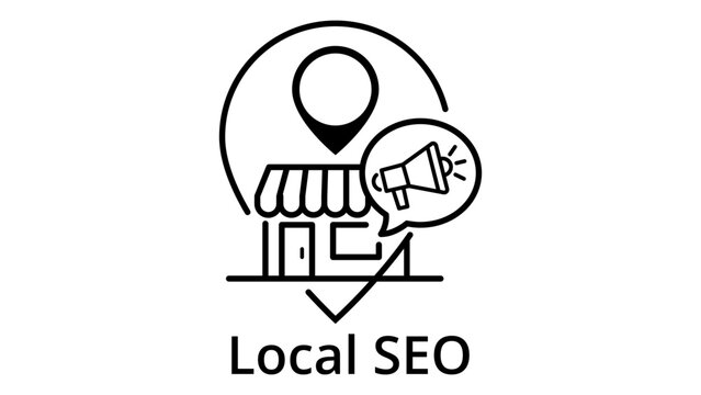Local SEO Minimalist Black Line Vector Icon on White Background, Featuring a Storefront with Map Pin and Megaphone Illustration for Digital Marketing, Business Promotion, and Search Optimization.