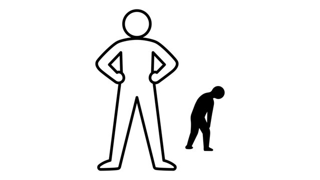 Imposter syndrome vector icon illustration featuring a confident person standing with hands on hips casting a shadow of a slumped defeated figure, representing self-doubt and inner insecurity.