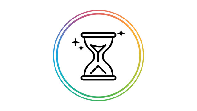 Minimalist hand-traced black line vector icon of an hourglass with stars inside a rainbow circle, representing ephemeral content, social media stories, time management, and countdown, isolated.