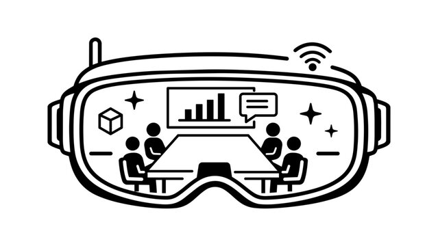 Metaverse Virtual Reality Meeting Vector Icon Illustration, Minimalist Black Line Art of a VR Headset Showing a Digital Office Collaboration with Avatars, Charts, and 3D Objects on White Background