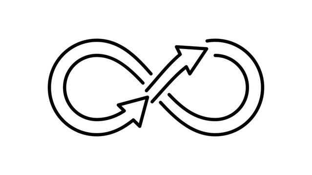 Minimalist black line vector icon of an infinity symbol with arrows representing circular economy, sustainability, recycling, and continuous loop on a white background for eco-friendly design.