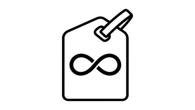 Unlimited Paid Time Off (PTO) minimalist black line vector icon on white background. Scalable illustration featuring a tag with an infinity symbol, representing employee benefits and vacation time.