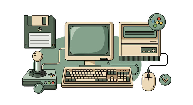 Retro computer setup with floppy disk, joystick, and mouse, evoking nostalgia for early computing