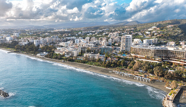 Limassol. Agios Tychon coastline panorama with city buildings and beach along Mediterranean Sea, Cyprus