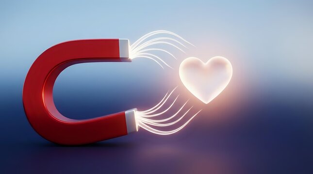 Red horseshoe magnet attracting glowing pink heart with magnetic field lines on blue gradient background for love attraction concept.