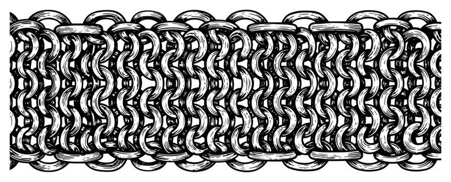 Detailed hand drawn horizontal border of interlocking metal chain mail links in vintage engraving style