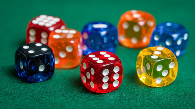 Assorted colorful translucent dice showing various numbers scattered on a green felt surface creating a vibrant and playful gaming atmosphere