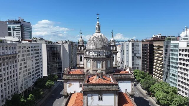 Candelaria Church In Rio De Janeiro In Brazil. President Vargas Avenue Landscape. Downtown District. Beautiful Cityscape. Candelaria Church In Rio De Janeiro In Brazil. Urban Skyline. 