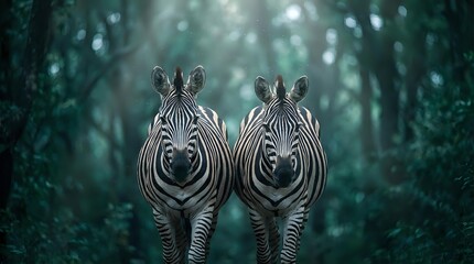 Fototapeta premium Two zebras standing together in mystical forest with ethereal light filtering through trees creating magical atmosphere for wildlife and nature themes.