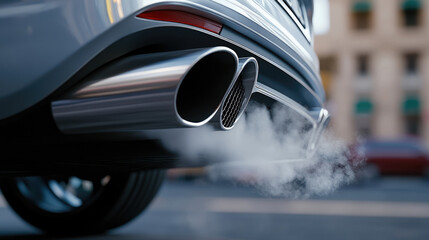 Fototapeta premium Car exhaust pipe releasing plumes of white smoke into the air, representing increasing carbon emissions, environmental impact of transportation, and urban air quality issues