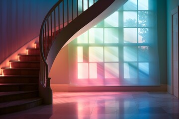 Obraz premium Elegant spiral staircase illuminated by vibrant rainbow light rays from a large window