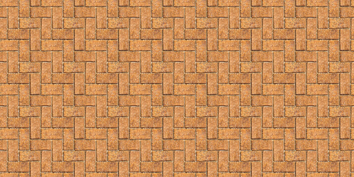 Brick paving stone pattern. Seamless sidewalk texture. Top view of paved brown patio block driveway design.