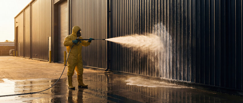Worker in hazmat suit pressure washing warehouse wall