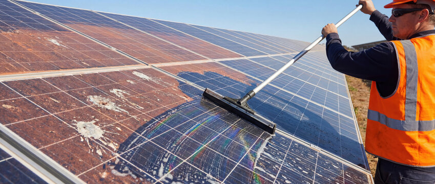 Worker cleaning dirty solar panels for maximum energy efficiency