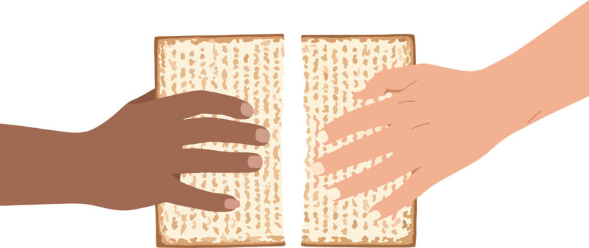 Hands breaking matzah at Passover celebration, symbolizing unity and tradition for Jewish holiday Seder meal.