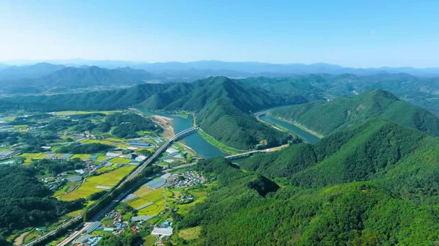 Aerial Valley Landscape With Winding River