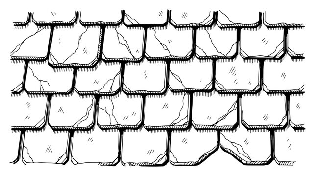 Vector sketch of old weathered roof shingles pattern with cracks and detailed hatching