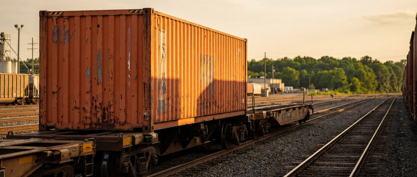 Orange cargo container on a flatcar moving along railroad tracks