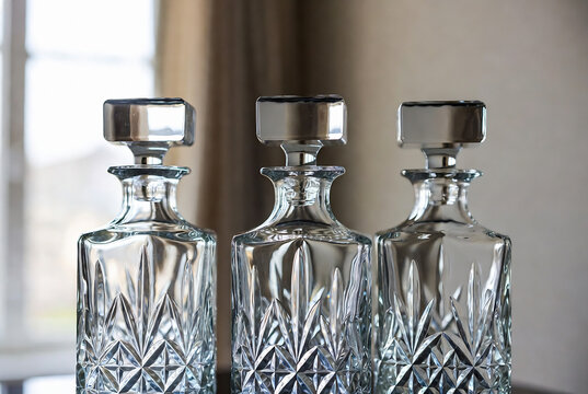 Three crystal decanters are arranged on a dark surface, reflecting light and creating a sense of luxury.