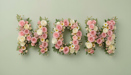 Obraz premium Beautiful floral arrangement spelling out mom with roses and greenery on a light background for mother's day, ideal for Mother's Day or floral-themed designs, created with generative ai