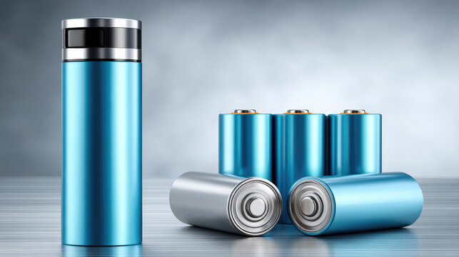 Blue cylindrical battery cells are stacked on a reflective surface, symbolizing renewable energy and efficient electricity storage for a sustainable future