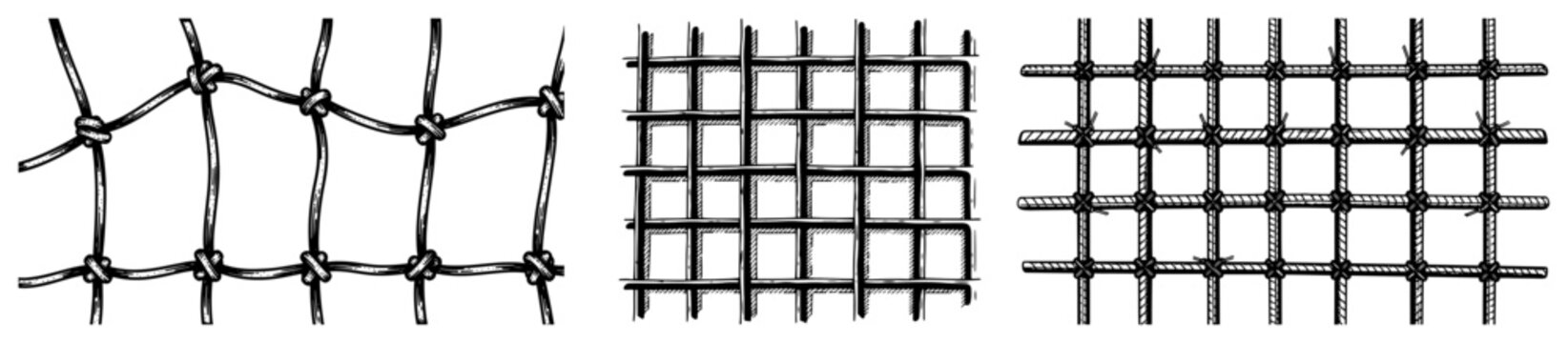 Set of hand drawn wire mesh fences and grids in vintage engraving style